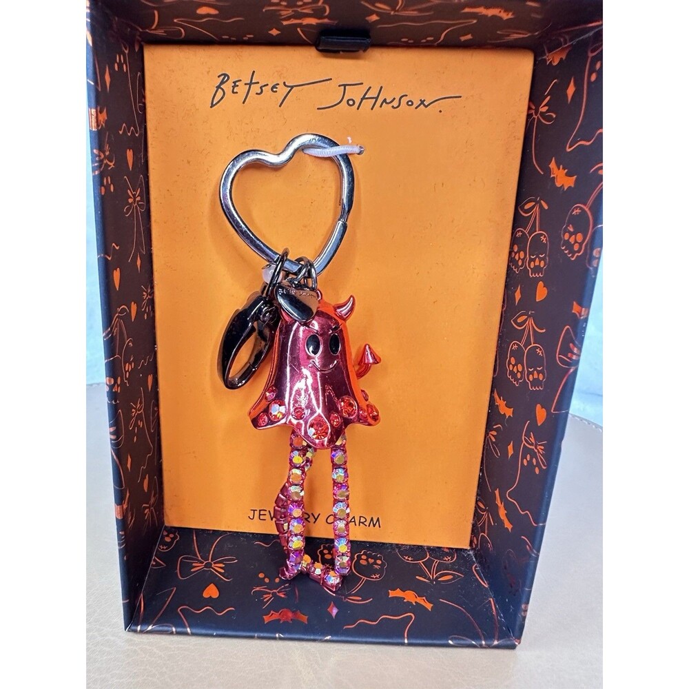 Betsey Johnson Red Jeweled Bag Charm Key Chain Halloween Devil Ghost Design